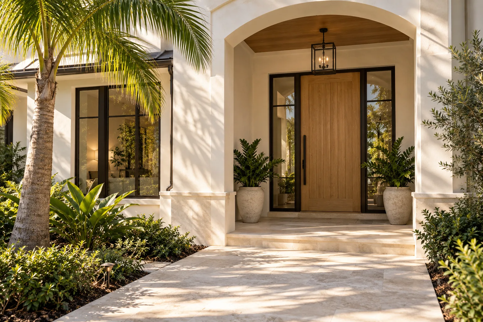 Illustrative Florida-inspired home entryway with warm stone and palm planting